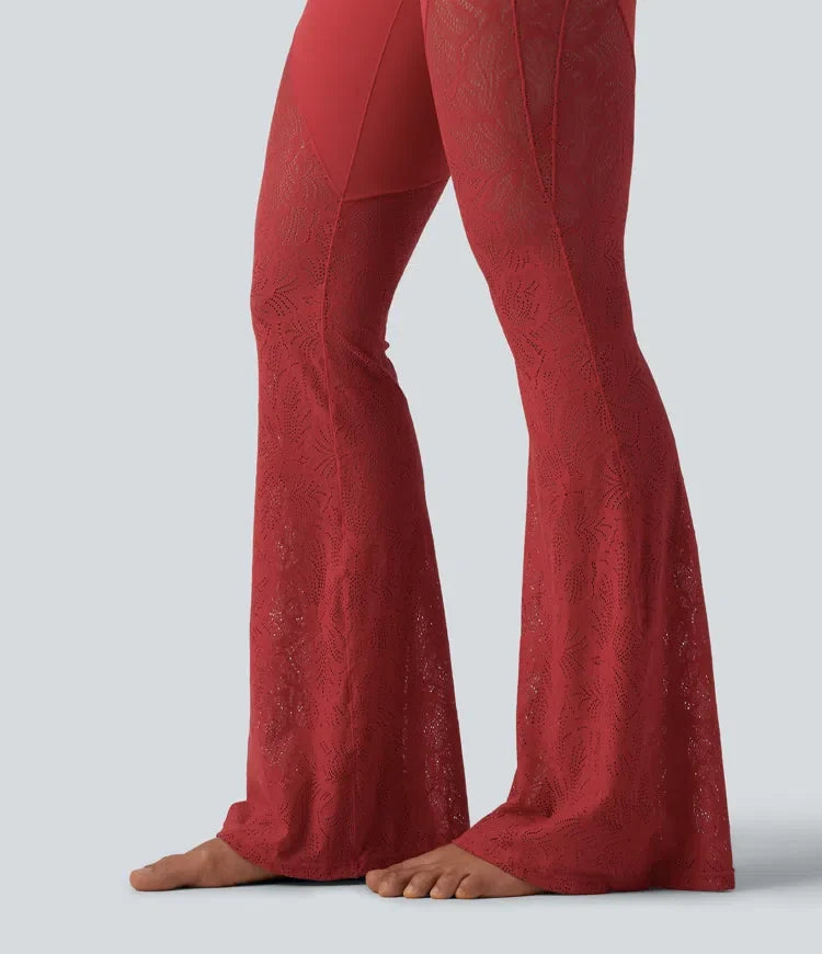 Lyckera UltraSculpt högmidjad magkontroll kontrastspets yoga utsvängd leggings med ficka