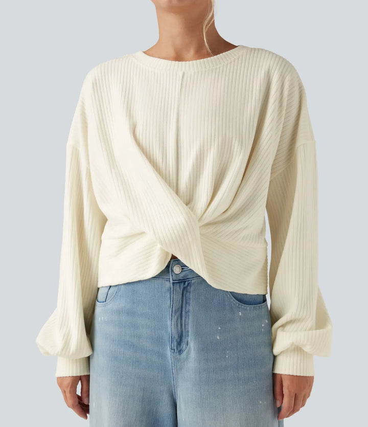Ribbstickad rund hals långärmad vriden fåll vardaglig sweatshirt