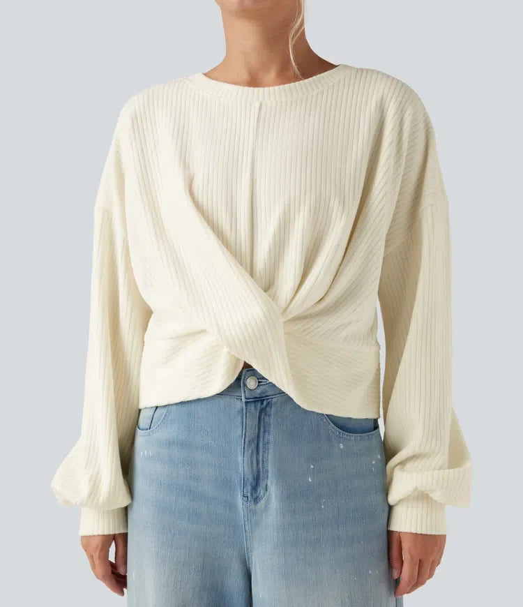Ribbstickad rund hals långärmad vriden fåll vardaglig sweatshirt