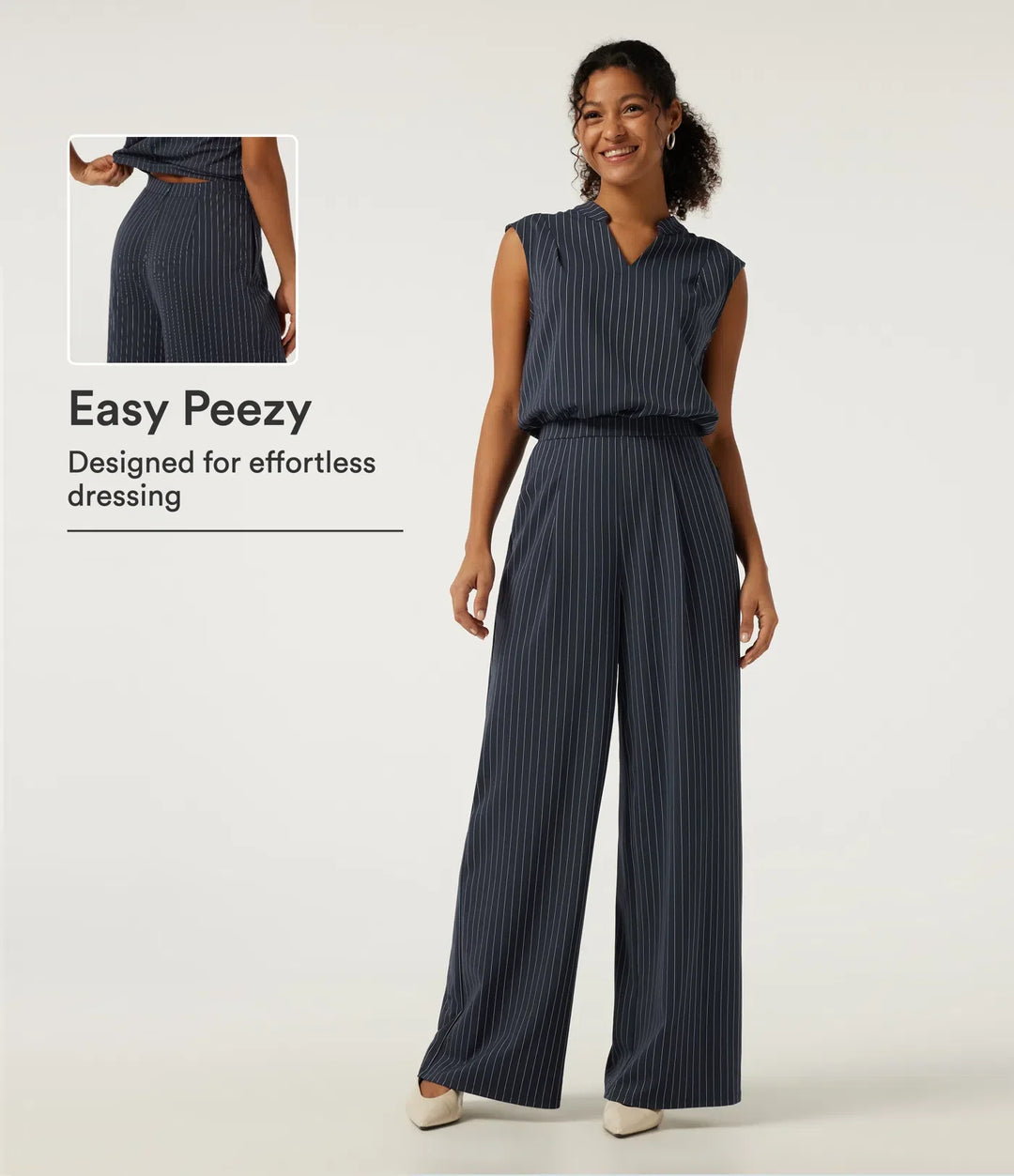 Notch ärmlös vida ben randig arbete jumpsuits med fickor - Easy Peezy Edition