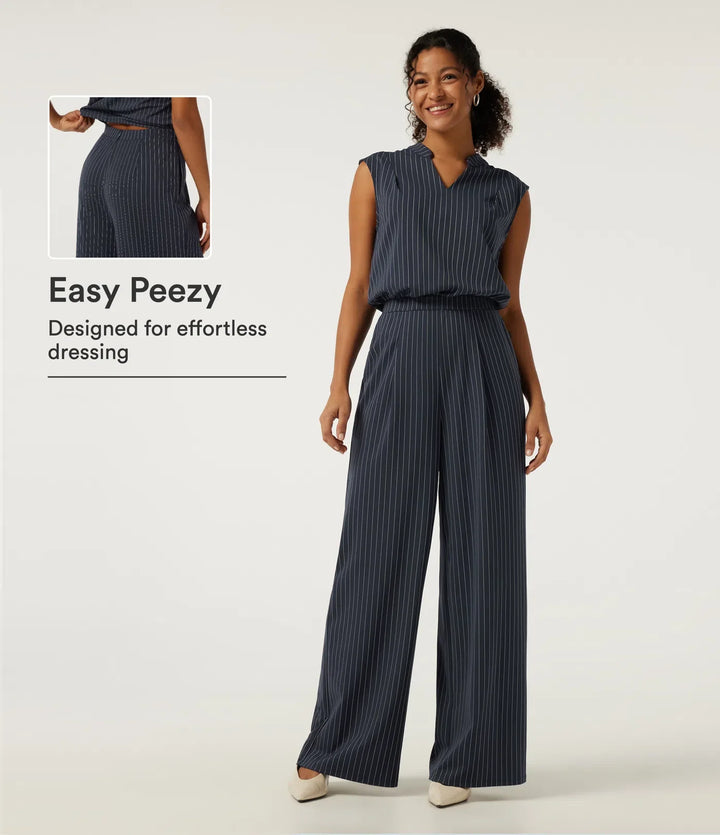 Notch ärmlös vida ben randig arbete jumpsuits med fickor - Easy Peezy Edition