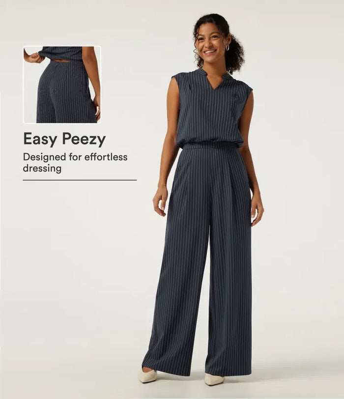 Notch ärmlös vida ben randig arbete jumpsuits med fickor - Easy Peezy Edition