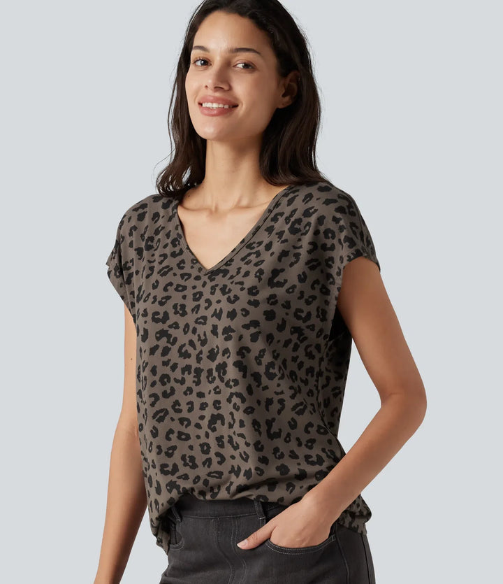 V-ringning kortärmad leopardmönstrad T-shirt för vardag