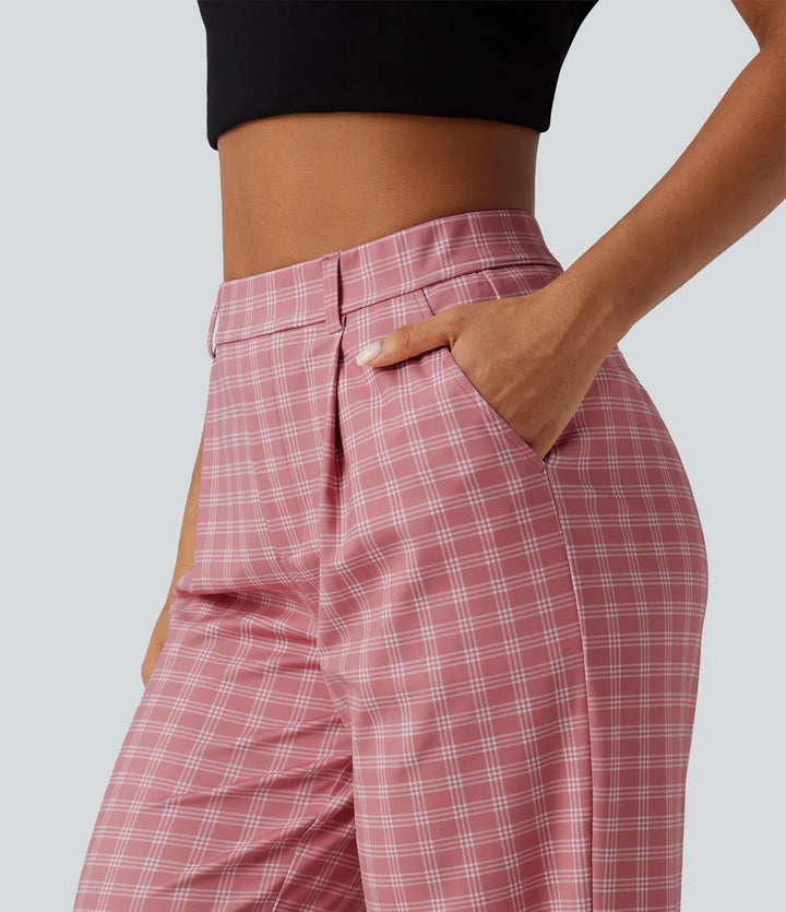 Halara Flex med hög midja raka ben rutig kontorsbyxor med fickor