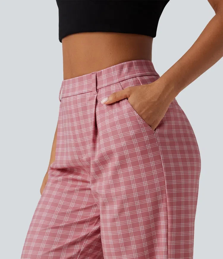 Halara Flex med hög midja raka ben rutig kontorsbyxor med fickor