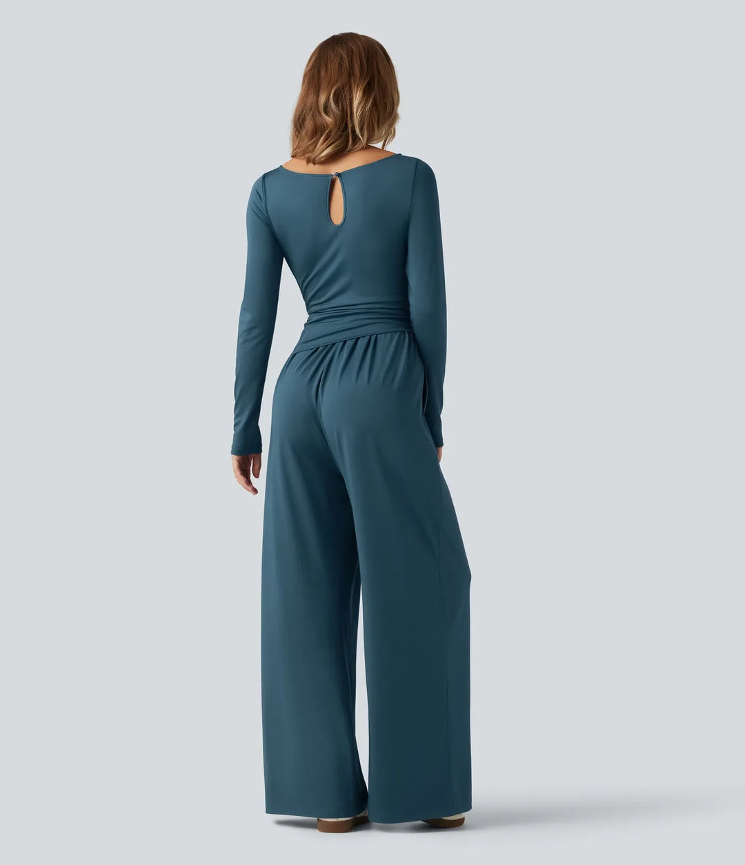 Båtringad långärmad vida ben rynkat vardaglig jumpsuit med fickor-Easy Peezy Edition