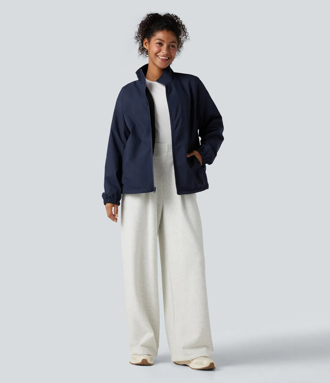 Vändbar hög hals långärmad dragkedja fleece vandringsjacka med fickor (två looks i en)
