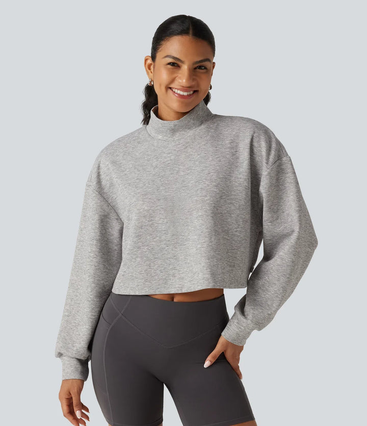 Halvpolo långärmad avslappnad croppad vardaglig sweatshirt