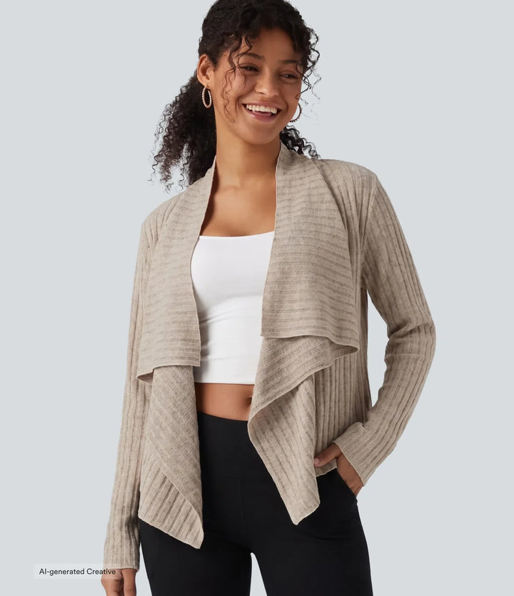 Ribbstickad med krage öppen front långärmad vardaglig cardigan