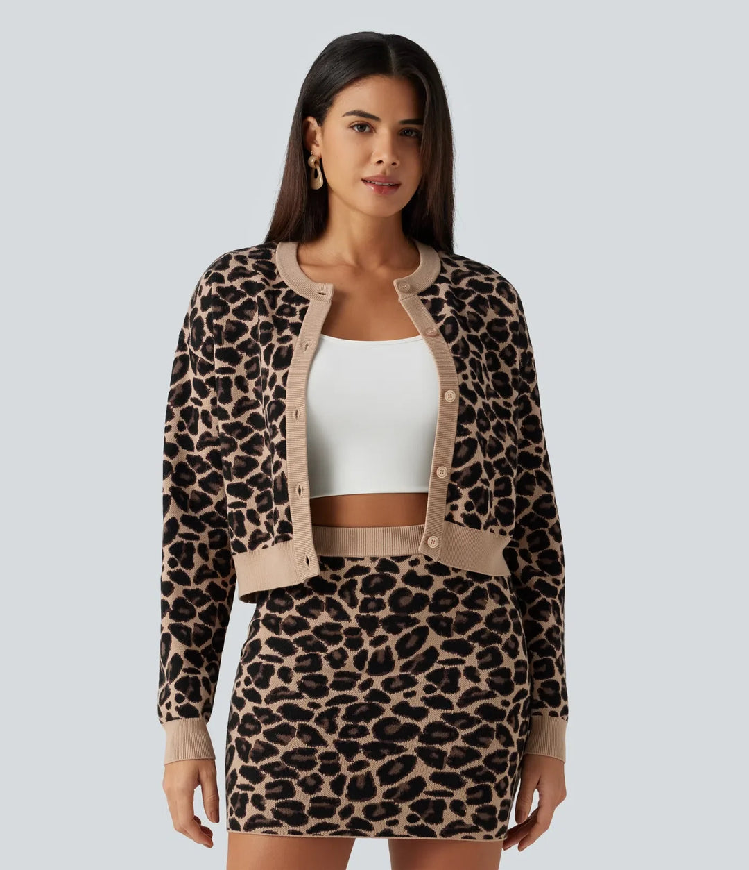 Rund hals långärmad leopardmönster vardaglig cardigan
