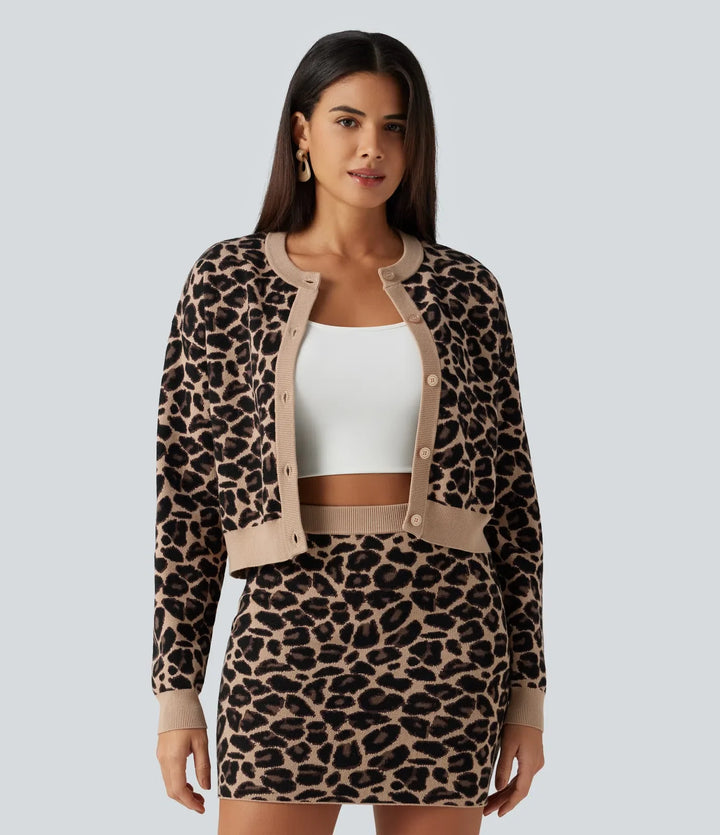 Rund hals långärmad leopardmönster vardaglig cardigan