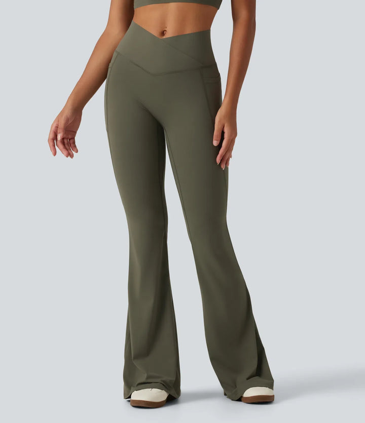 Halara UltraSculpt med hög midja omlott scrunch-effekt rumplyftande magkontroll formande yoga utsvängd leggings med fickor