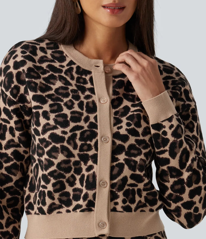 Rund hals långärmad leopardmönster vardaglig cardigan