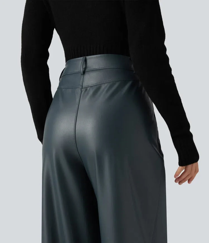 Högmidjad vida ben stretchig PU fleece vardagsbyxor med fickor