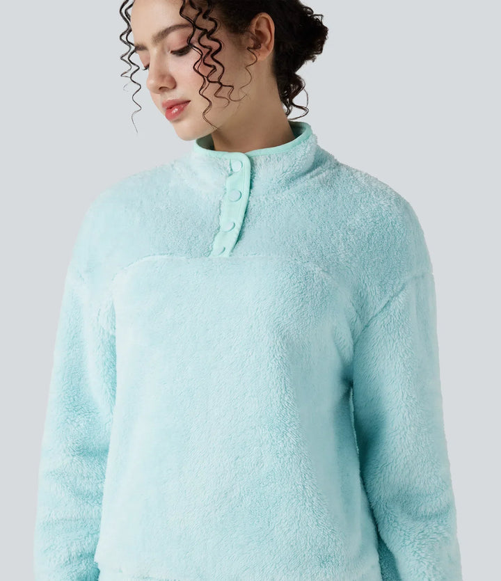 Ståkrage knapp vardaglig fleece sweatshirt