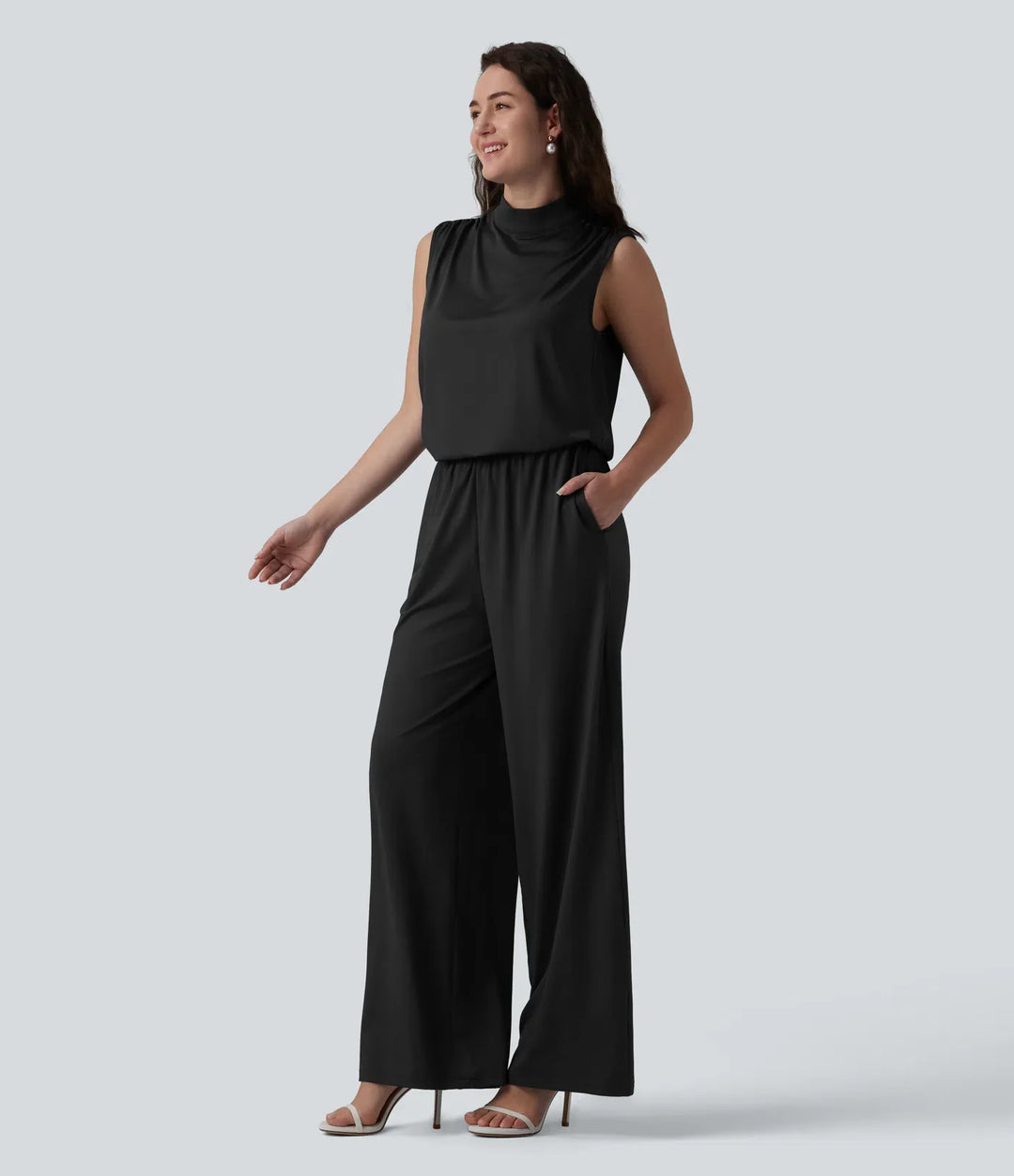 Stående krage ärmlös raka ben brudtärna och bröllopsgäst jumpsuit med fickor – Easy Peezy