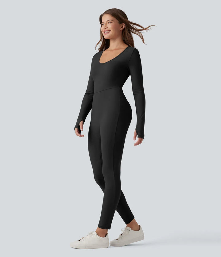 Lyckera HeatCore V-ringad långärmad tumhål skinny vardaglig värmande jumpsuit-Easy Peezy