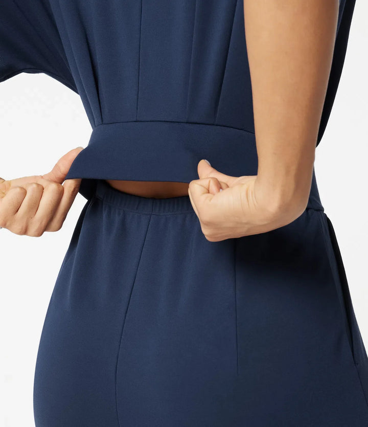V-ringad kortärmad rynkat vida ben vardaglig jumpsuit med fickor -Easy Peezy Edition