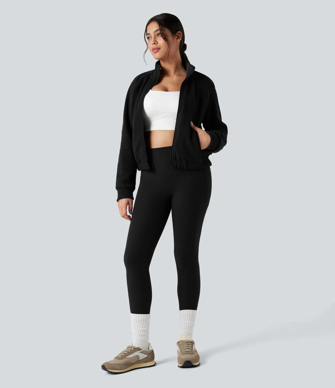 Vändbar hög hals långärmad fleece vandringsjacka med fickor (två looks i en)