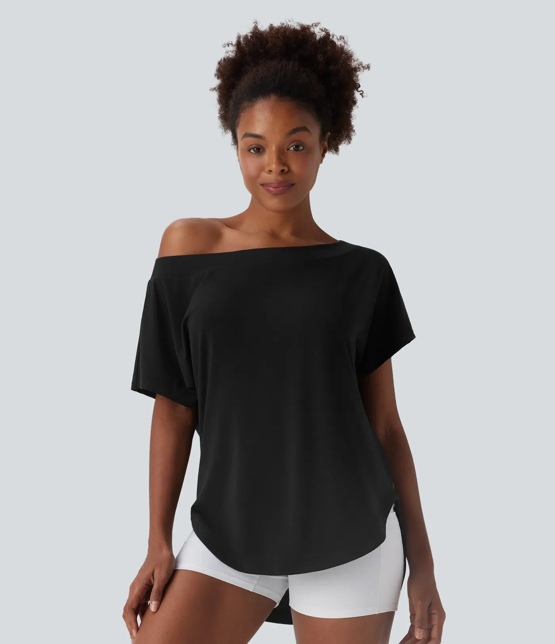Enaxlad kortärmad rundad nederkant hög-låg snabbtorkande sporttopp för yoga