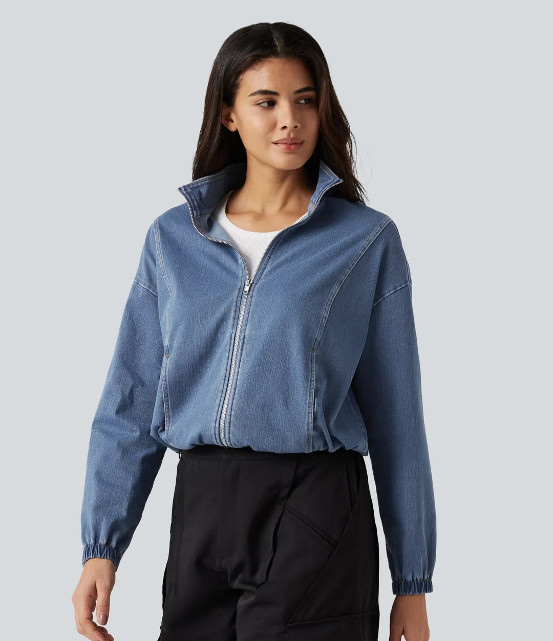 Lyckera Flex hög hals långärmad denim vardaglig jacka med fickor