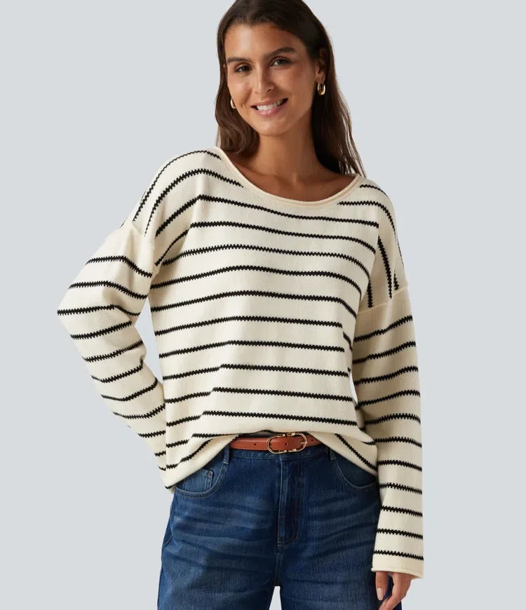 Båtringad långärmad randig upprullad fåll oversized vardaglig tröja