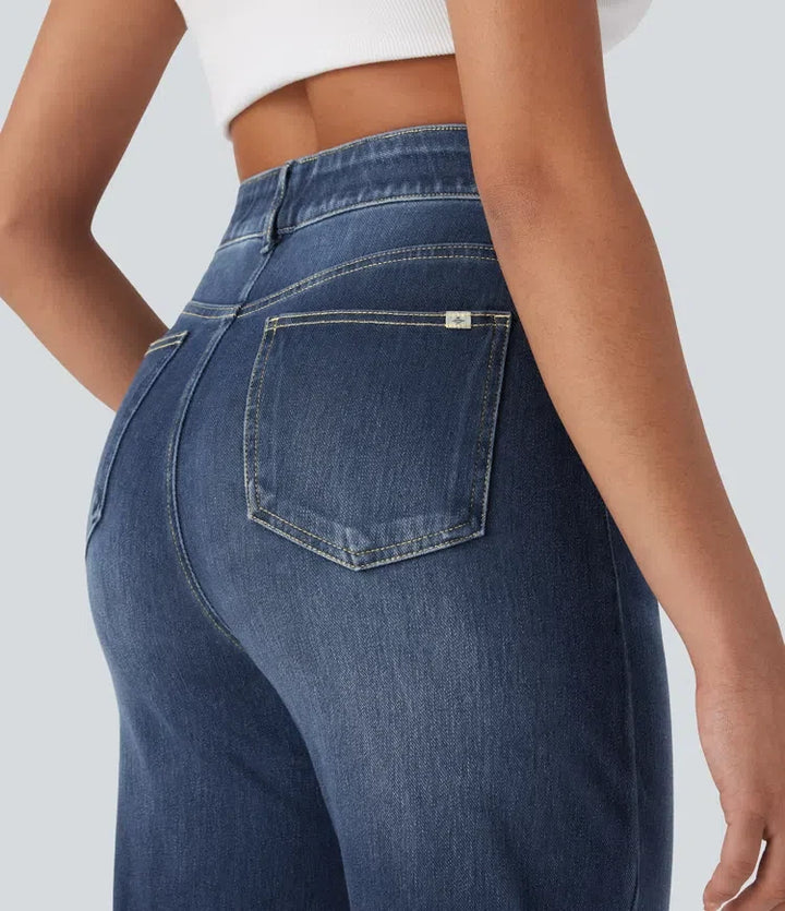 Halara Flex med hög midja, magkontroll och fickor raka ben tvättad vardagsjeans