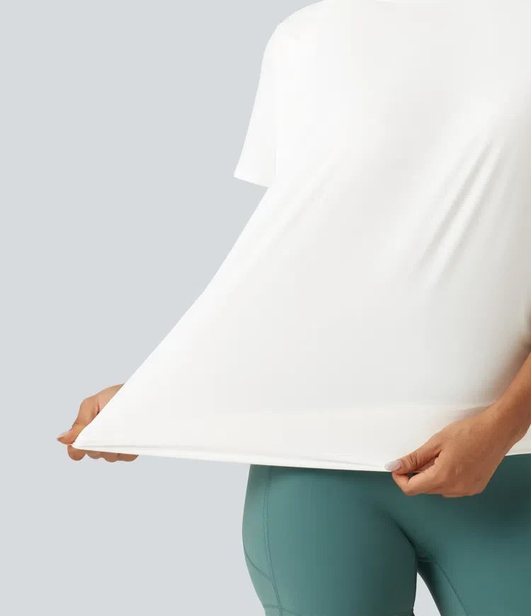Rund halsringning kortärmad rynklad InstantCool sporttopp för yoga – längre modell – UPF50+