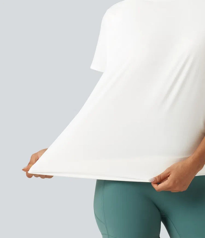 Rund halsringning kortärmad rynklad InstantCool sporttopp för yoga – längre modell – UPF50+