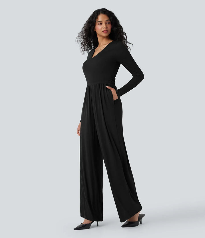 Ribbad V-ringad omlott knytning i ryggen långärmad vida ben vardaglig jumpsuit med fickor-Easy Peezy Edition
