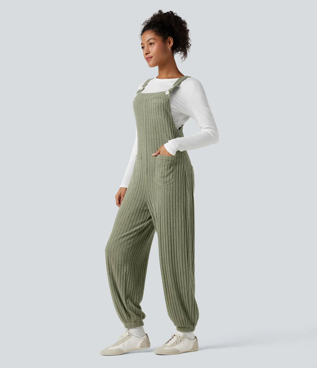 Ribbstickad justerbara axelband vardaglig joggers overall med fickor