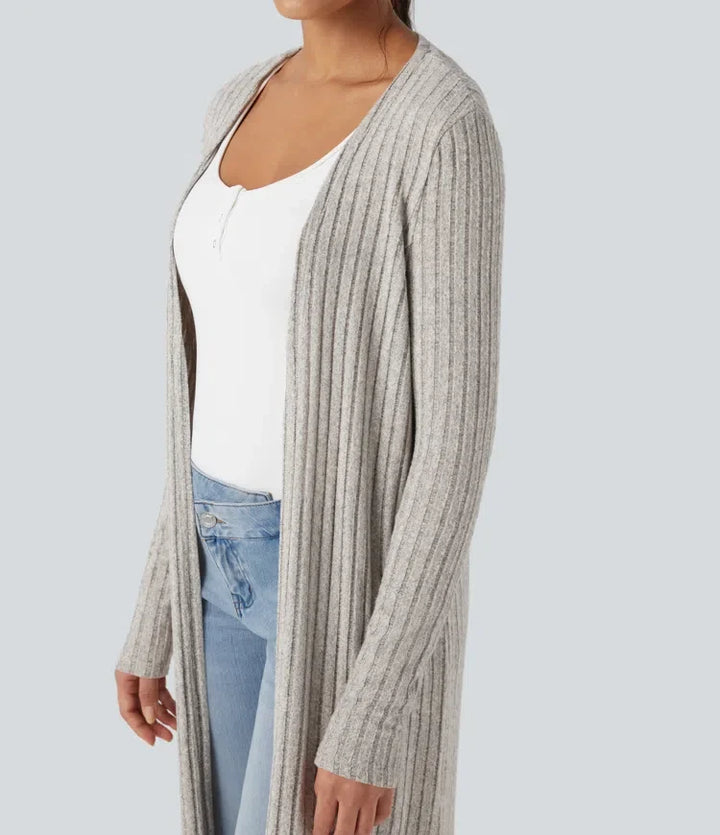 Ribbstickad långärmad slits vardaglig lång modell cardigan