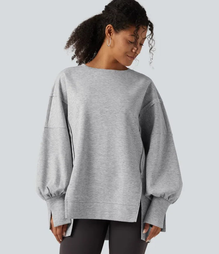 Rund hals nedhasad långärmad slits fåll vardaglig sweatshirt