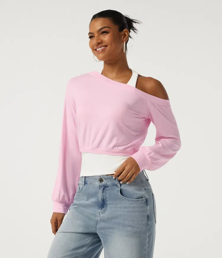 Halterneck enaxlad långärmad 2-i-1 asymmetrisk färgblock vardaglig sweatshirt