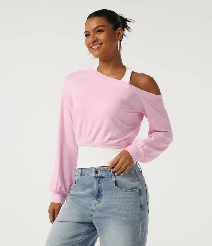 Halterneck enaxlad långärmad 2-i-1 asymmetrisk färgblock vardaglig sweatshirt