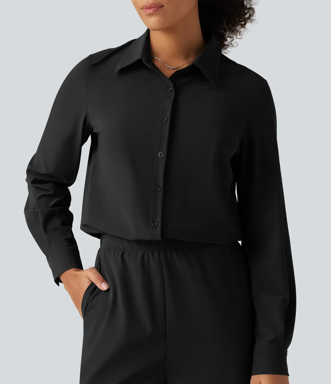 Långärmad raka ben arbetsskjorta jumpsuit med fickor-Easy Peezy Edition