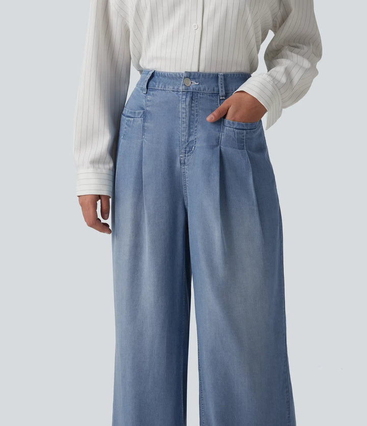 Högmidjad vida ben vardagsjeans med fickor
