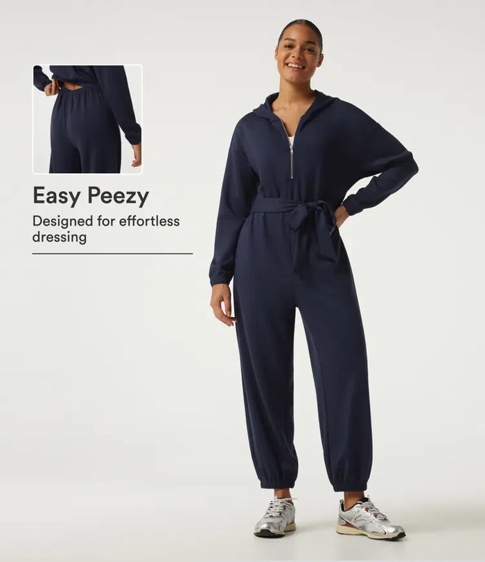 Med huva nedhasad långärmad halv dragkedja knytning fram vardaglig jogger jumpsuit med fickor-Easy Peezy Edition