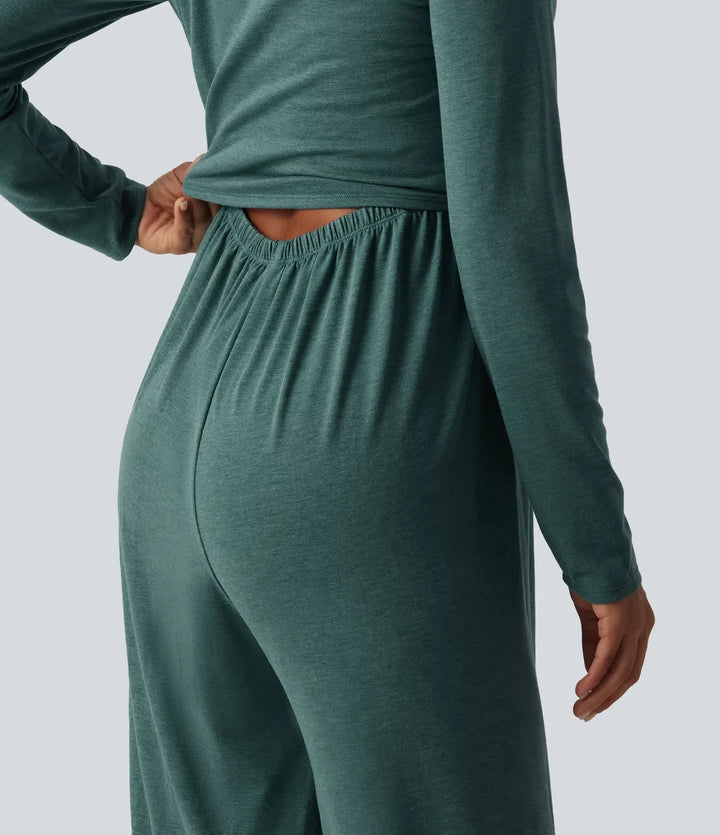 Djup rund halsringning långärmad inbyggd BH vida ben rynkat vardaglig jumpsuit med fickor-Easy Peezy Edition