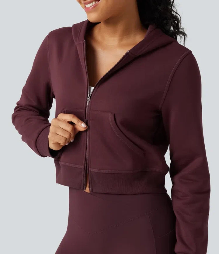 Med huva långärmad fleece träning sweatshirt med fickor
