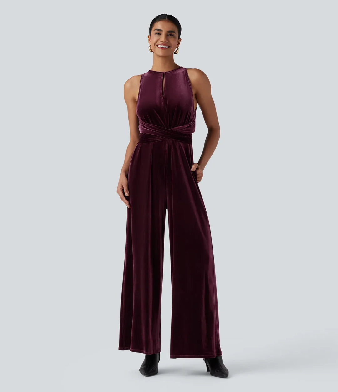 Rund hals ärmlös knytning i ryggen sammet fest jumpsuit med fickor