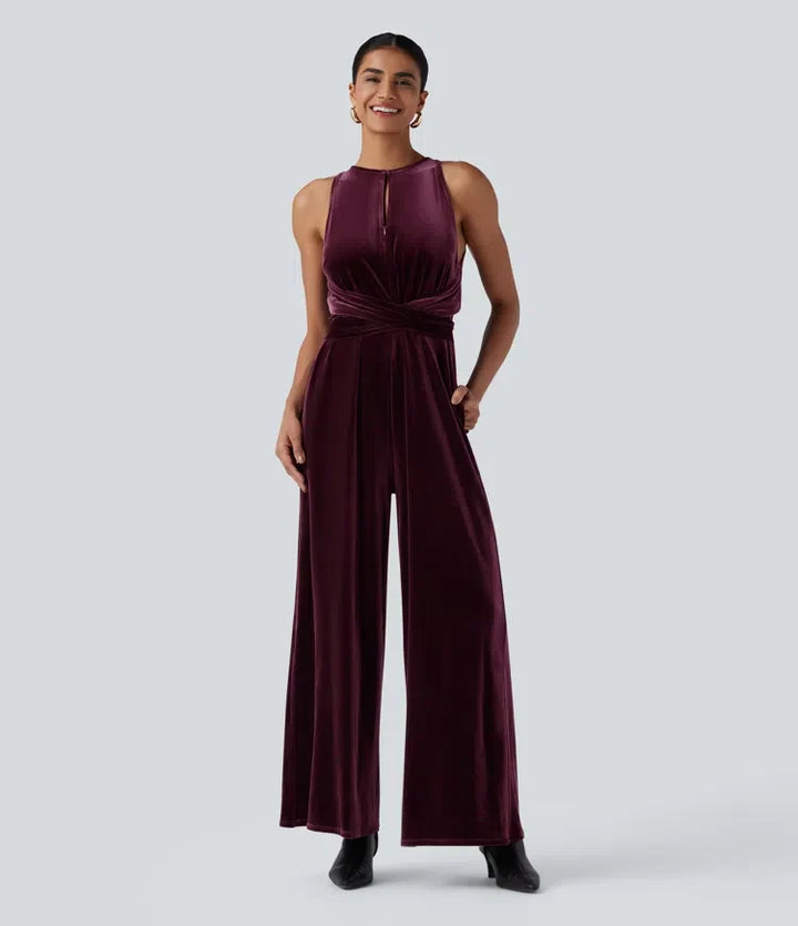 Rund hals ärmlös knytning i ryggen sammet fest jumpsuit med fickor