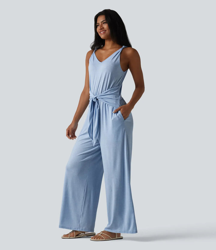 V-ringad ärmlös knytning fram vida ben vardaglig jumpsuit med fickor-Easy Peezy Edition
