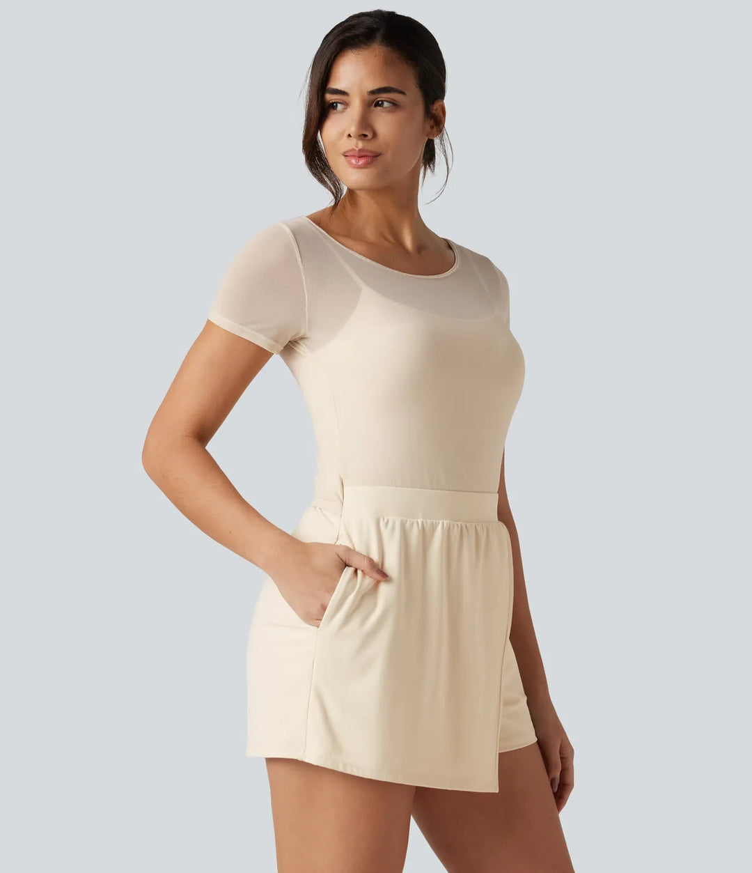 SoftlyZero mjuk plysch båtringad inbyggd BH kontrastmesh kortärmad fest playsuit med fickor-Easy Peezy Edition