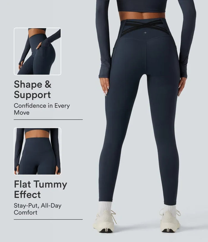 Halara Ultrasculpt Heat med hög midja och magkontroll omlott bak fleece löparleggings med fickor