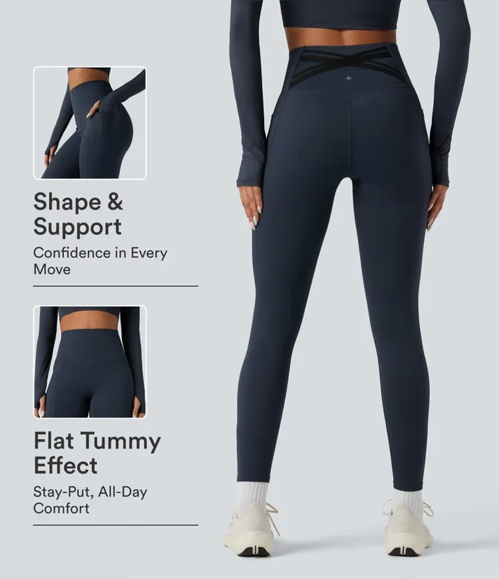 Lyckera UltraSculpt Heat högmidjad magkontroll crossover rygg fleece löpning leggings med fickor