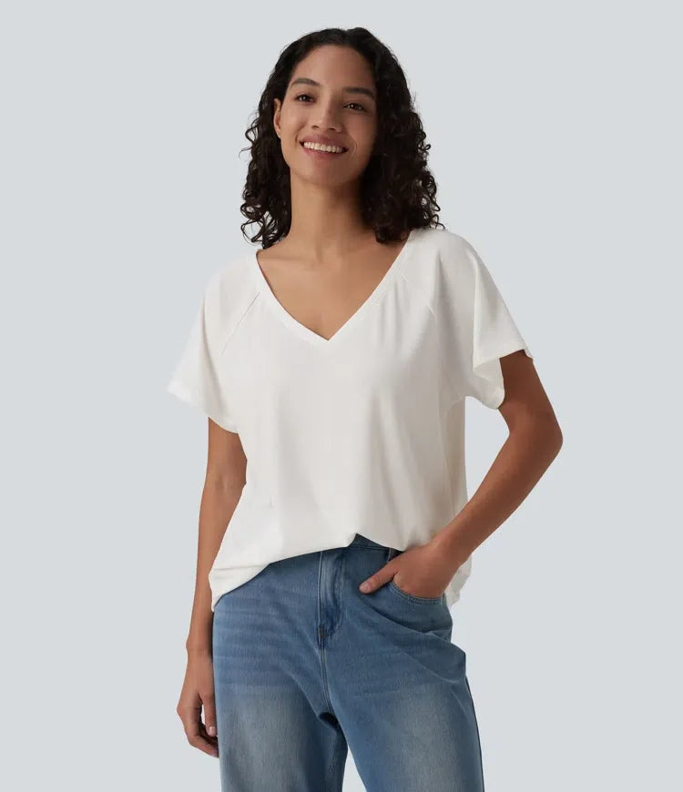 V-ringning raglan kortärmad avslappnad T-shirt för vardag