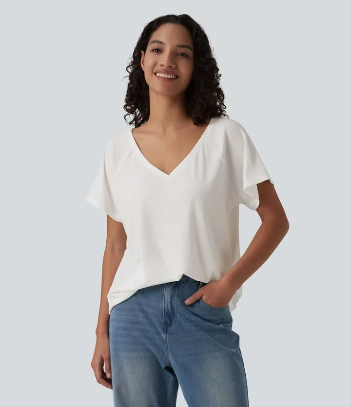 V-ringning raglan kortärmad avslappnad T-shirt för vardag
