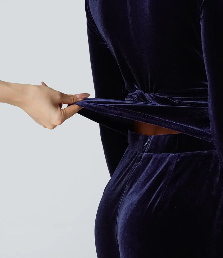 Djup V-ringning långärmad vriden knytning i ryggen sammet fest jumpsuit med fickor-Easy Peezy