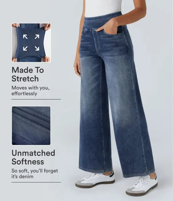 Lyckera Flex högmidjad fickor baggy vida ben tvättad vardagsjeans